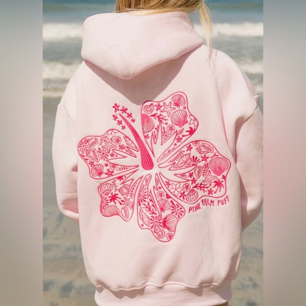 Pink Palm Puff Hawaii Hibiscus Hoodie in Blush